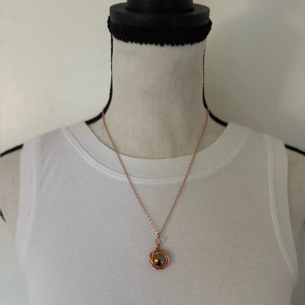 Iridescent Rose Gold Crystal Wire-Wrapped Pendant Necklace